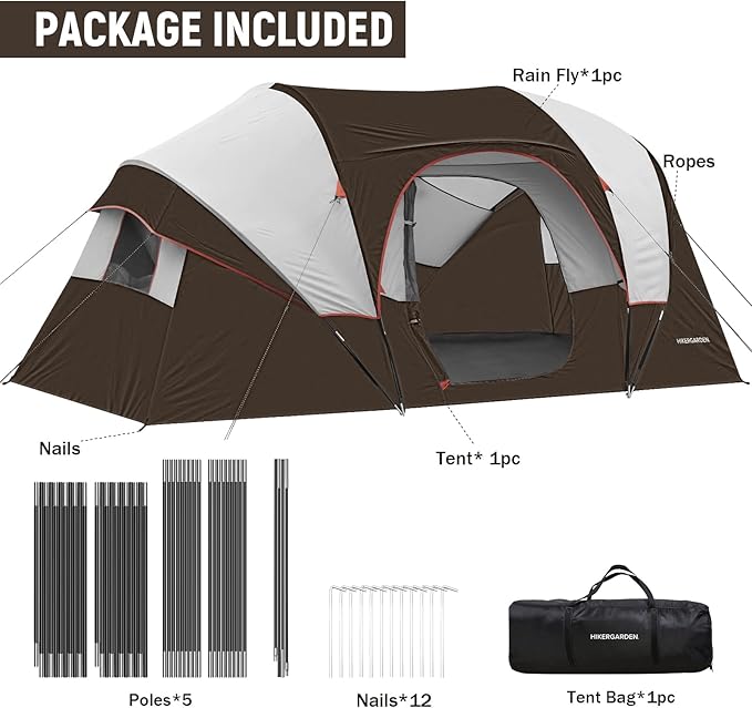 HIKERGARDEN 10 Person Camping Tent - Portable Easy Set Up Family Tent for Camp, Windproof Fabric Dome Tent Outdoor for Hiking, Backpacking, Traveling-14'x11'x74in(H)