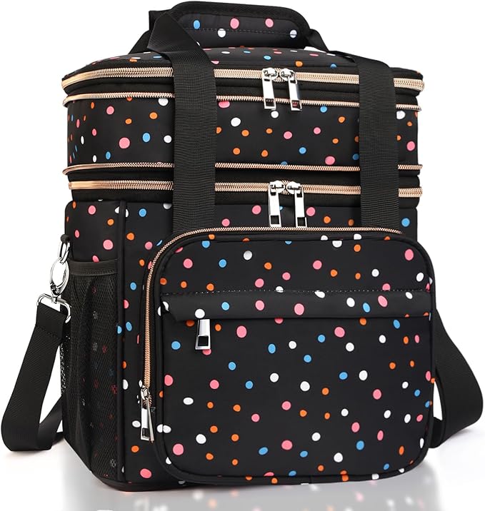 GLENKEY Expandable Lightweight Insulated Lunch Box for Women, Double Deck Large Lunch Bag Leakproof Soft Cooler Bags for Adults Work Office Flight Beach Travel, Polka Dots, 16L
