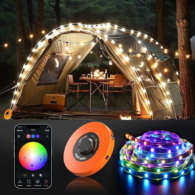 Camping Lights String,Tape Tent Lights RGB with 100 Modes Music Sync Color Changing APP Control Waterproof 13/26 FT ,Led Camping Lantern Retractable for Emergency Yard Camping Decoration (13 Ft)