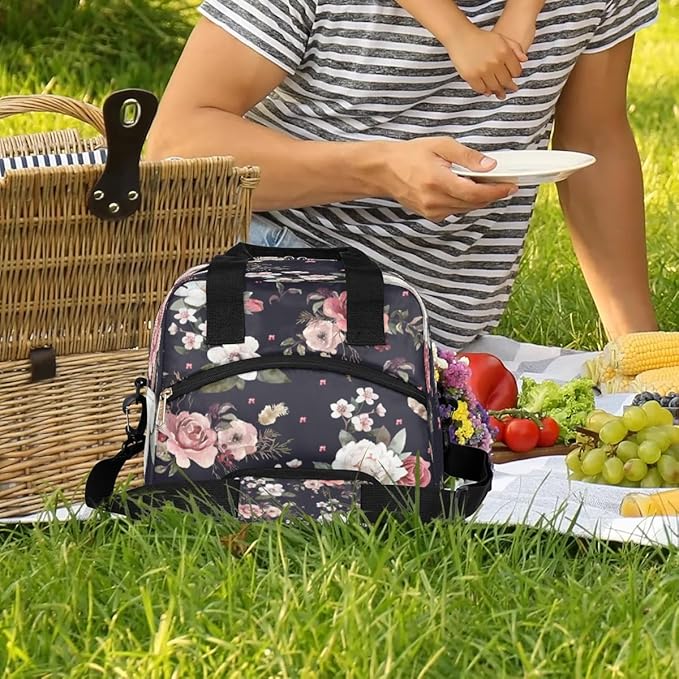 Insulated Lunch Bags for Women - Portable Leakproof Thermal Lunch Box Tote for Adult Men Cooler Bag with Adjustable Shoulder Strap for Work, Beach, Picnic or Travel (Flowers)