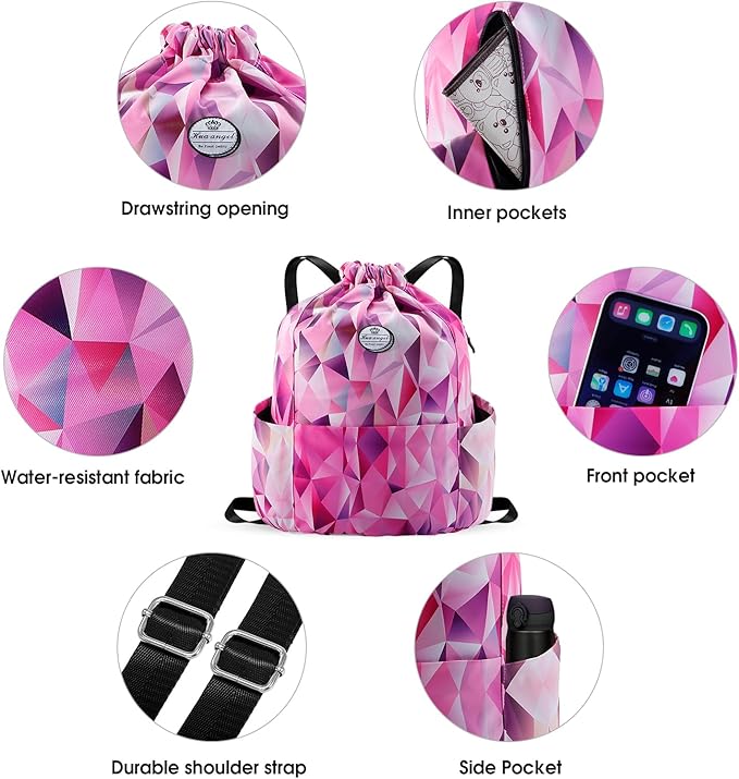 HUA ANGEL Floral Print Drawstring Bag - Lightweight Waterproof Cinch Sackpack with Side Pocket for Men & Women Travel Gym Bag