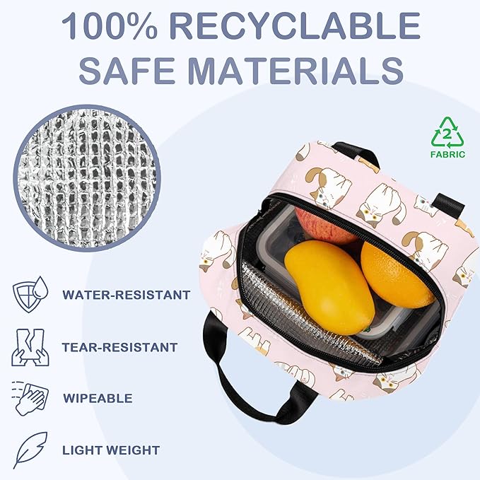 Cute Cartoon Cat Pink Lunch Box,Insulated Lunch Bag for Girls Boys,Reusable Lunch Box for Kids Adults School Student Work Picnic Travel