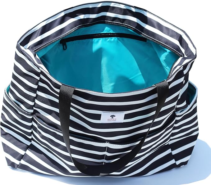 ESVAN Large Foldable Beach Bag for for Women with Dry Wet Compartment Waterproof Sandproof Travel Gym Picnic Handbag