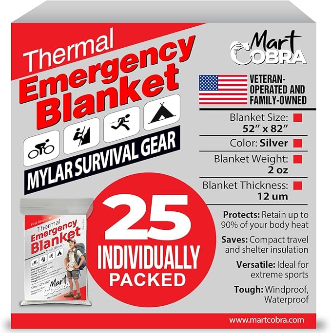 Mart Cobra Emergency Blanket 25-Pack Space Mylar Blankets Survival Gear and Supplies Reusable Thermal Camping Essentials Hiking First Aid Car Emergency Kit Prepper Foil Bug Out Bag Warm Cat Cold Snow
