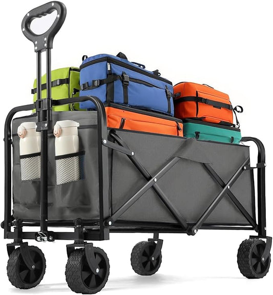 Collapsible Wagon 220 lbs, Heavy Duty Wagon Carts Foldable, Portable Wagons for Groceries, Beach Cart with All-Terrain Wheels & Drink Holders, Utility Wagons for Shopping, Sports, Camping, Grey