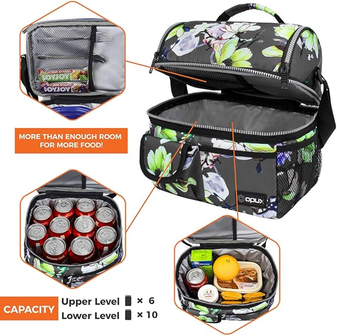 opux Lunch Bag Women Insulated, Adult Lunch Box Cooler, Flower Lunch Box, Dual Compartment Lunchbox for Work, Leakproof Double Decker Lunch Bag, Soft Lunch Pail Tote Girls Kids School, Floral Gray