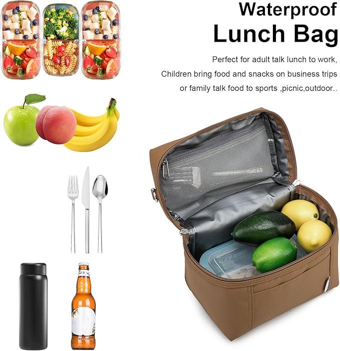 NOL Natural Organic Lifestyle Insulated Lunch Bags for Women Cooler Bag Lightweight Nylon Waterproof Lunch Box For Work (Small, Brown)