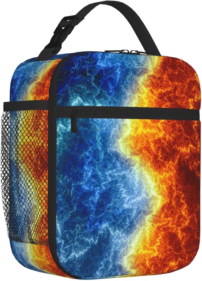SARA NELL Cool Fire and Ice Abstract Fractal Lightning Insulated Lunch Bag Fire and Ice Lunch Cooler Box for Women Men Teens Kids, Reusable Lunch Tote Bag for Work, Picnic, School or Travel