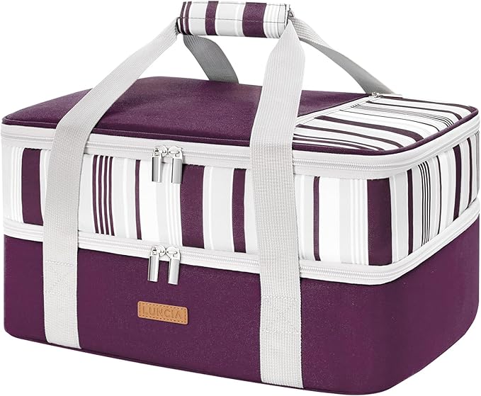 Double Decker Insulated Casserole Carrier for Hot or Cold Food, Lasagna Lugger Tote for Potluck Parties/Picnic/Cookouts, Fits 9"×13" Baking Dish, Purple