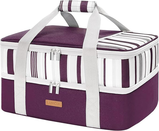 Double Decker Insulated Casserole Carrier for Hot or Cold Food, Lasagna Lugger Tote for Potluck Parties/Picnic/Cookouts, Fits 9"×13" Baking Dish, Purple