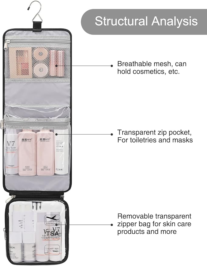 Relavel Travel Toiletry Bag for women with Detachable TSA Approved Toiletry Bag, Compact Hanging toiletry bag with Small Carry On 3-1-1 Clear Waterproof Travel Bags for Toiletries