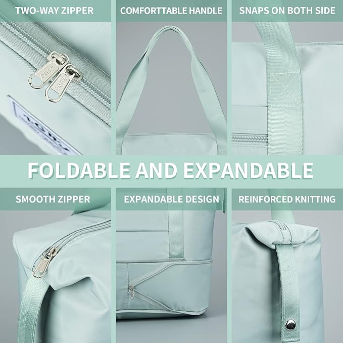 Expandable Travel Duffel Tote Bag - Foldable Overnight Weekender, Carry-On, Swim & Gym Bag - Fits Spirit Airlines Personal Item Size - Lightweight, Waterproof & Durable with Trolley Sleeve,Green
