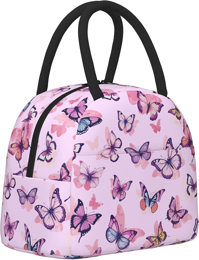 Pink Butterfly Lunch Bag Lunch Box for Women Men Boys Girls, Reusable Insulated Lunch Tote Bag, Leakproof Thermal Cooler Sack Food Handbags High Capacity for Work School Picnic Camping Gifts