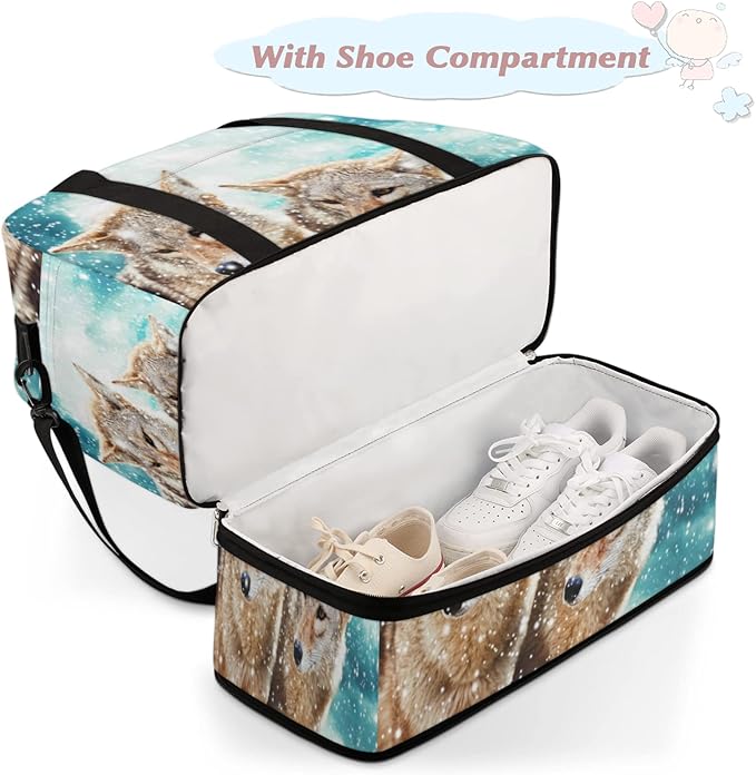 Wolf Snow Foldable Travel Duffel Bag Tote Carry On Luggage Sports Gym Bag With Shoe Compartment For Woman Man Overnight Weekend Yoga Workout Bag Training Handbag