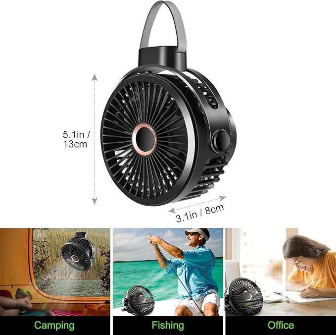 Odoland 2 Packs 10000mAh Camping Rechargeable Fan with Hanging Hook Carabiner, Portable Battery Operated Tent Fan, Quiet Strong Airflow, Outdoor USB Desk Fan for Picnic Travel Barbecue Fishing