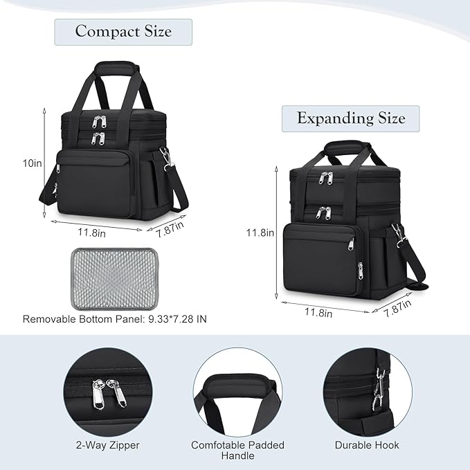 Insulated Lunch Box for Women - Reusable Modern Double Deck Lunch Bag Adults Expandable Heavy Duty Lunch Cooler Tote for Work Office Picnic,Black