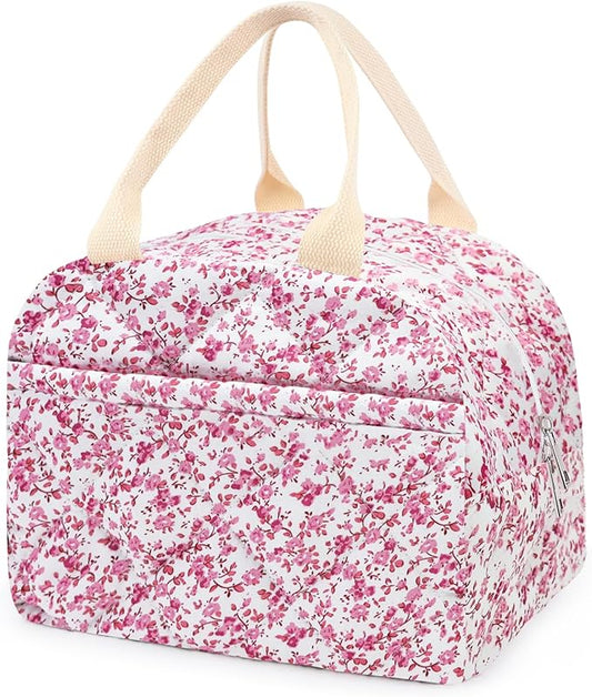 Cotton Quilted Insulated Lunch Bag, Cute Quilted Floral Lunch Tote Bags Reusable Insulated Lunch Box Coquette Aesthetic Large Capacity Insulated Cooler for Women Men Work Travel Picnic (Red)