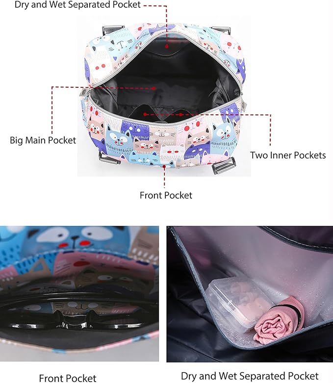 Travel Duffle Bag Weekender Overnight Bag Gym Tote with Dry and Wet Separated Pocket for Women Girls Shoulder Workout Duffel Bag Water Resistant (cute cats)