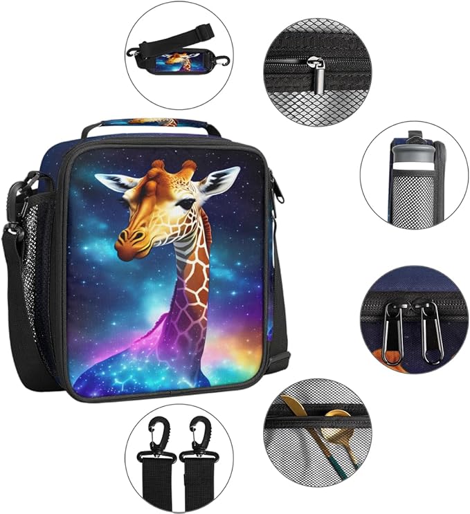 Galaxy Rainbow Giraffe Insulated Lunch Bag for Girls Boys Teen Cute Colorful Reusable Lunch Box with Shoulder Strap Freezable Thermal Cooler Bag Meal Prep for School Travel Picnic Beach Lunch Pail