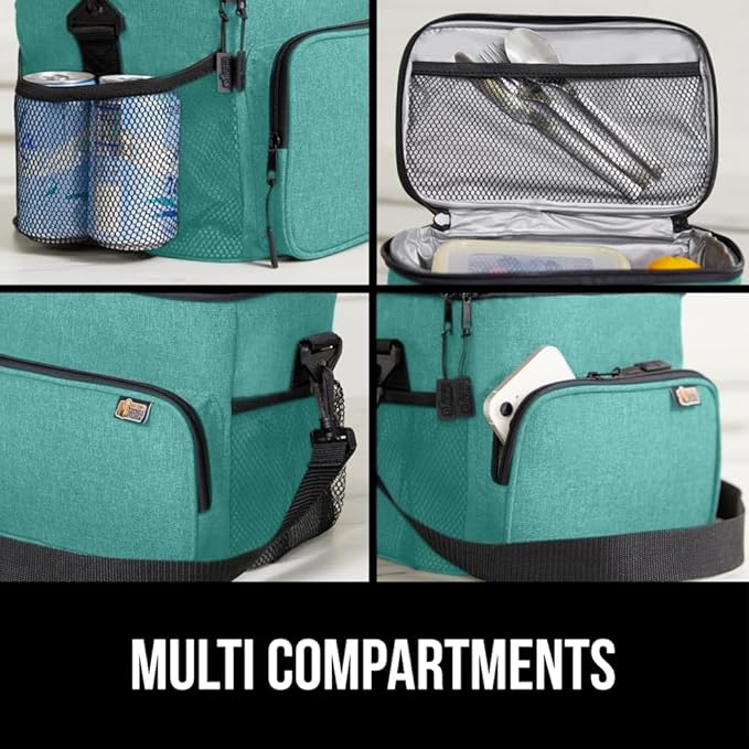 GORILLA GRIP Reusable Insulated Lunch Box Bag for Women Men, 15L, Leakproof XL Soft Cooler Bags, Multiple Compartments, Mesh Pockets and Adjustable Strap, Food Tote Keeps Drinks Cold, 13x9, Turquoise