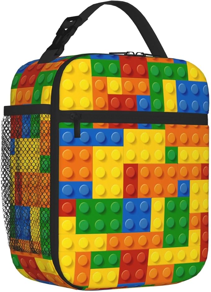 Fun Blocks Colorful Insulated Lunch Bag Reusable Cooler Lunch Box Portable Leakproof Thermal Container Tote Bags for Girls Boys School Travel