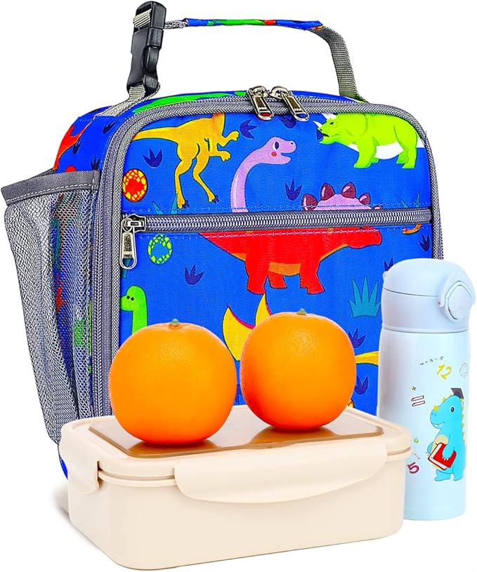 FlowFly Kids Lunch box Insulated Soft Bag Mini Cooler Back to School Thermal Meal Tote Kit for Girls, Boys, Dinosaur