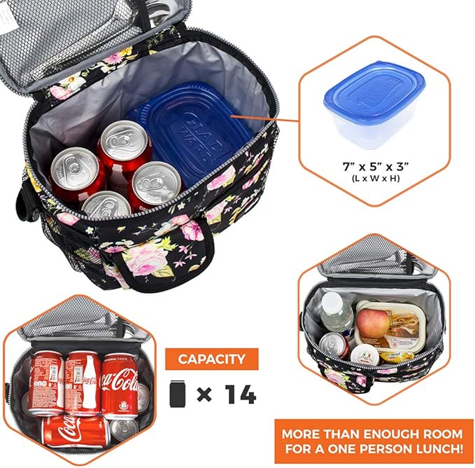 opux Insulated Lunch Bag for Men Women, Leakproof Floral Black Lunch Box for Work, Portable Soft Lunch Cooler Bag with Shoulder Strap, Adult Lunchbox Lunch Pail for Kid Boy Girl School, 14 Can/8L