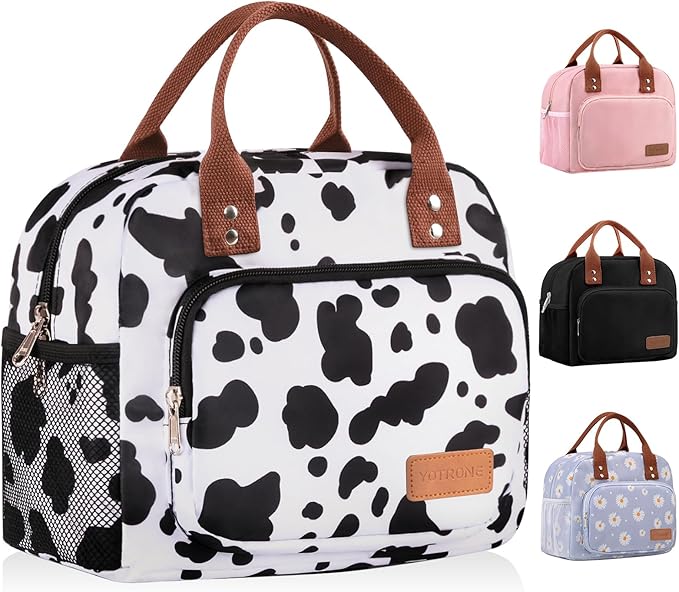 Lunch Bag Women,Insulated Lunch Box Lunch Bag for Women Men Work Adult Cute Small Lunch Tote Bag, Large Capacity Reusable Cooler Containers for Travel Picnic Office or Beach(Cow)
