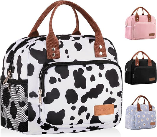 Lunch Bag Women,Insulated Lunch Box Lunch Bag for Women Men Work Adult Cute Small Lunch Tote Bag, Large Capacity Reusable Cooler Containers for Travel Picnic Office or Beach(Cow)