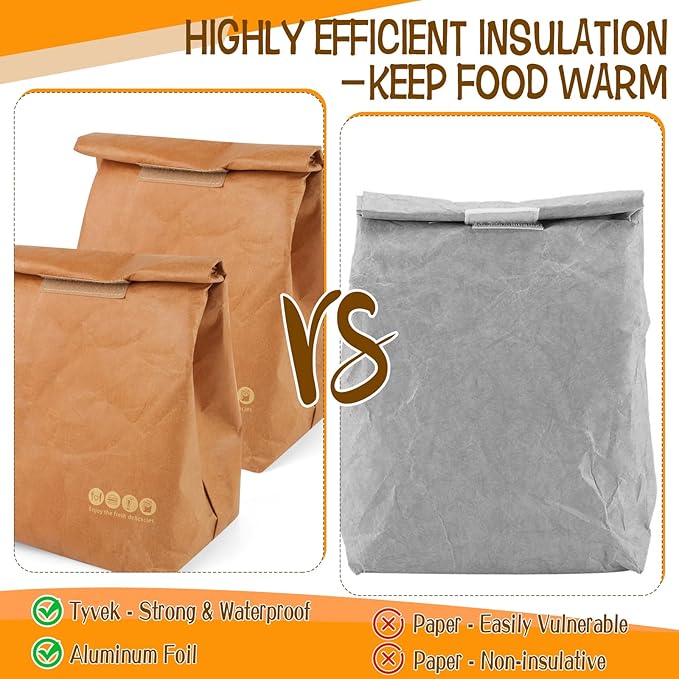 2 Pcs Insulated Brown Paper Lunch Bags, Reusable Lunch Bag Large Retro Sacks Thermal Insulation Food Storage Handbag with Velcro for Adults Office Work Picnic Travel Snacks - 7.8"L x 5.9"W x 11.8"