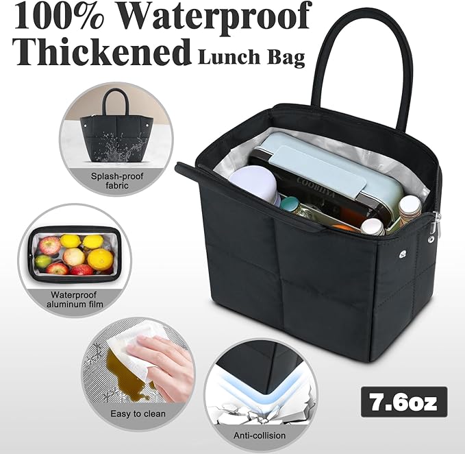 Coobiiya Thickened Leak-proof Lunch Box Lunch Bag Women, Small Insulated Quilted Puffer Lunch Box for Work, Ultralight Reusable Cute Lunch Cooler Tote Bags for Adult, Men, Office, Travel (Black)