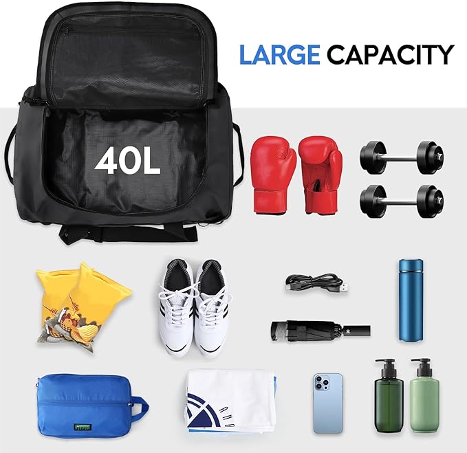 Haimont Gym Duffel Backpack Bag for Men Large Sports Duffle Bags with Backpack Straps for Hiking Travel Weekender Workout, 40L, Black