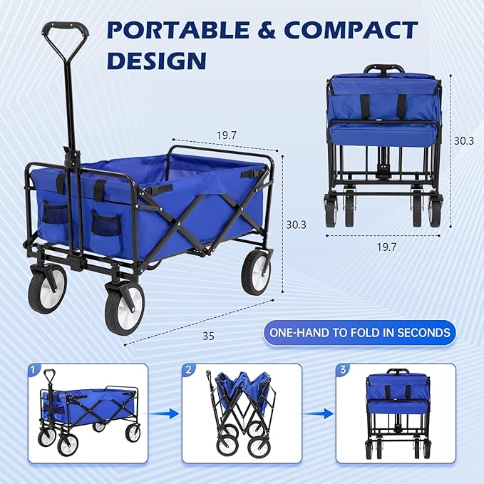 FDW 39''L Collapsible Wagon Cart, Heavy Duty Utility Folding Wagon for Outdoor Sports, 330 LBS Weight Capacity, Camping, Garden, and Shopping, Blue