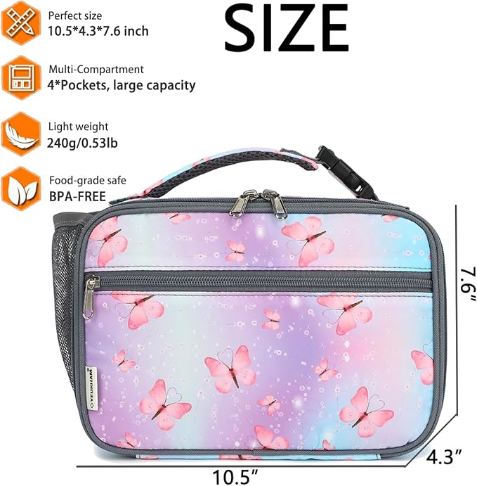 Insulated Lunch Box for School, Thermal Reusable Durable Freezable Lunch Bags for Kids Boys Girls Men Women - Small Soft Cooler Portable Lunch Tote Kit for Work Picnic Travel,Butterfly