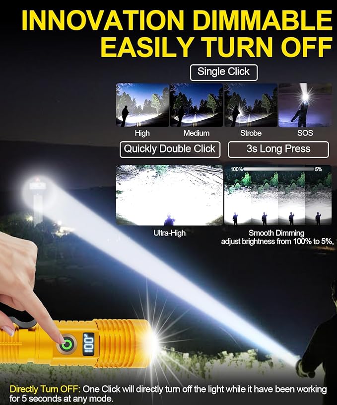 Rechargeable Flashlight High Lumens-12000LM Super Bright Magnetic Flash Light with Power Digital Display,3280Ft Long Range,Dimmable,Waterproof,Pocket LED Flashlights for Emergency Camping 2PC Gold