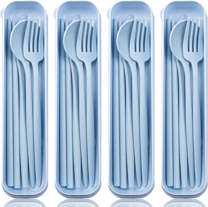 ELANE 4 Sets Reusable Travel Utensils Set with Case,Camping Cutlery Set Reusable Cutlery Set with Case,Utensil Sets for Lunch Picnic Daily Use Outdoor (lightblue)