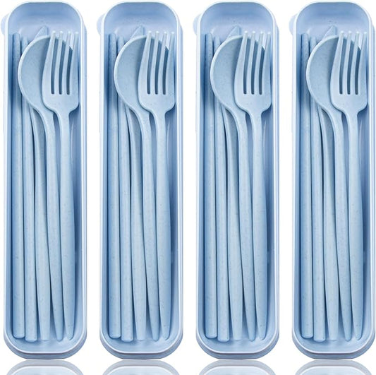 ELANE 4 Sets Reusable Travel Utensils Set with Case,Camping Cutlery Set Reusable Cutlery Set with Case,Utensil Sets for Lunch Picnic Daily Use Outdoor (lightblue)