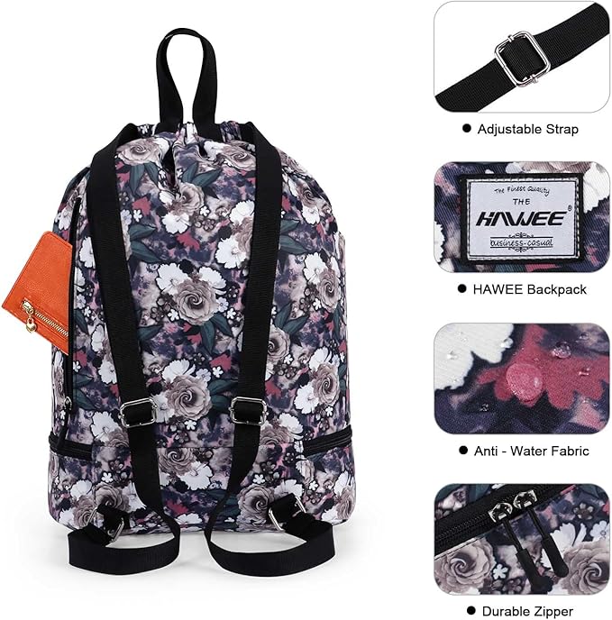 Dry Wet Drawstring Backpack with Shoe Compartment for Women Adjustable Gym Bag