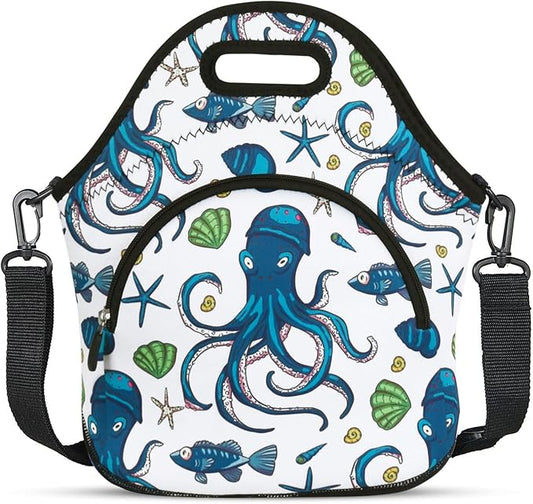 Violet Mist Womens Insutated Neoprene Lunch Bag Resuable Thermal Cute Cartoon Lunch bag with Pocket Detachable Adjustable Shoulder Lunchbox Handbags Container Women Men Adult Gifts(Bule Seaa Animal)