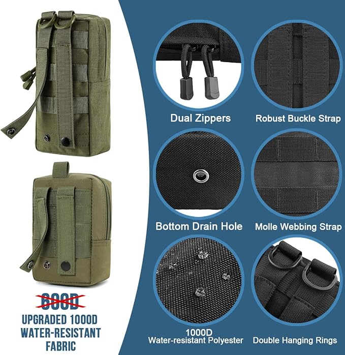 MUCHER 2 Pack Molle Pouches Tactical Pouches EDC Pouch Organizer Molle Bag Utility Pouch with 4 Carabiners for Outdoor Hiking Hunting Camping Training