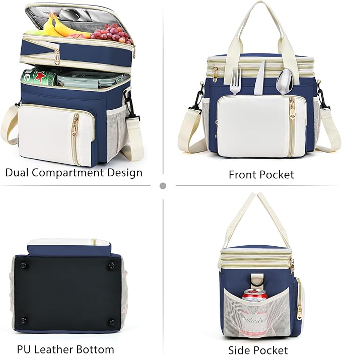 Lunch Box & Lunch Bag for Women Men, Large Insulated Adult Lunch Box Leakproof Lunchbox Cooler Bag for Work Picnic Beach,16L, Dark Blue & White