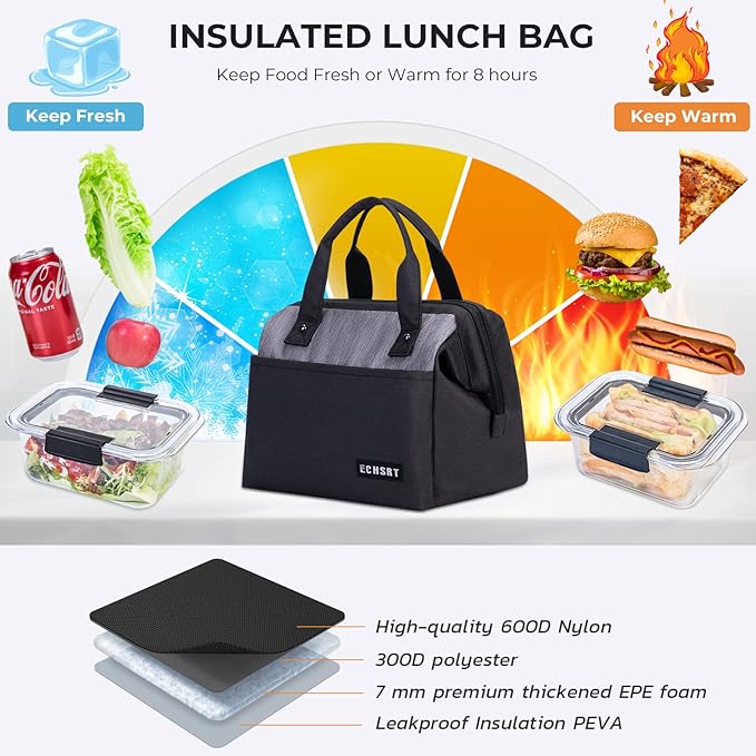 ECHSRT Large Insulated Lunch Bag for Women Men Leakproof Cooler Lunch Tote Bags for Work Travel Adult Thermal Lunchbox for Office -10L Black