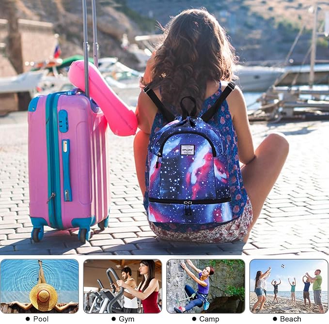 Dry Wet Drawstring Backpack with Shoe Compartment for Women Adjustable Gym Bag