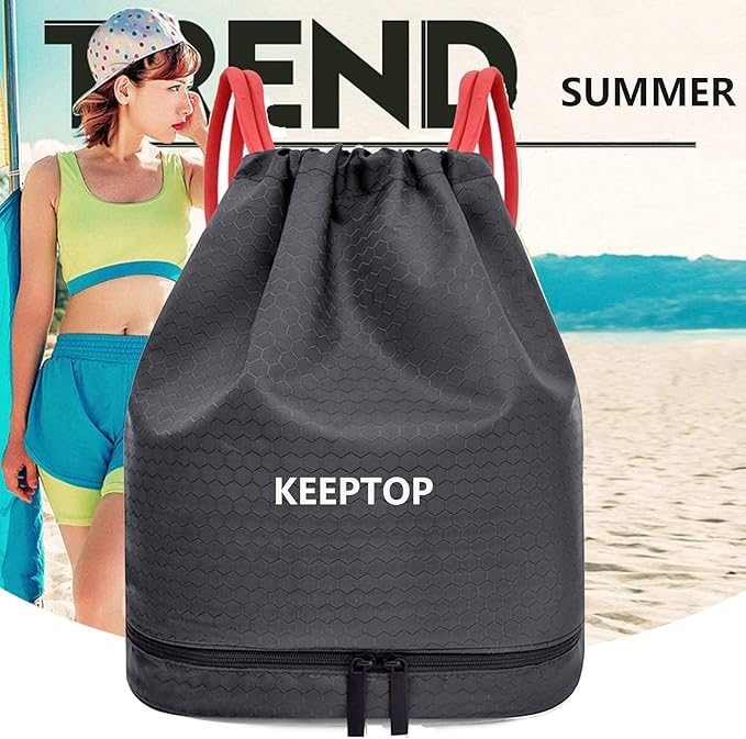 Waterproof Drawstring Backpack Swim Bag Sackpack,Dry Wet Depart,Swimming Gym Yoga Sport Shoulder Rucksack Daypacks Beach Pool Casual Bags (BLACK with RED Drawstring)