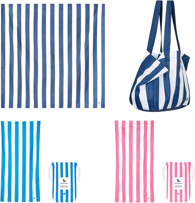 Dock & Bay Ultimate Beach Kit Bundle - Two Quick Dry Towels, Waterproof Bottom Picnic Blanket and Compact Foldable Beach Bag - 100% Recycled Materials - Whitsunday Navy Blue (B)