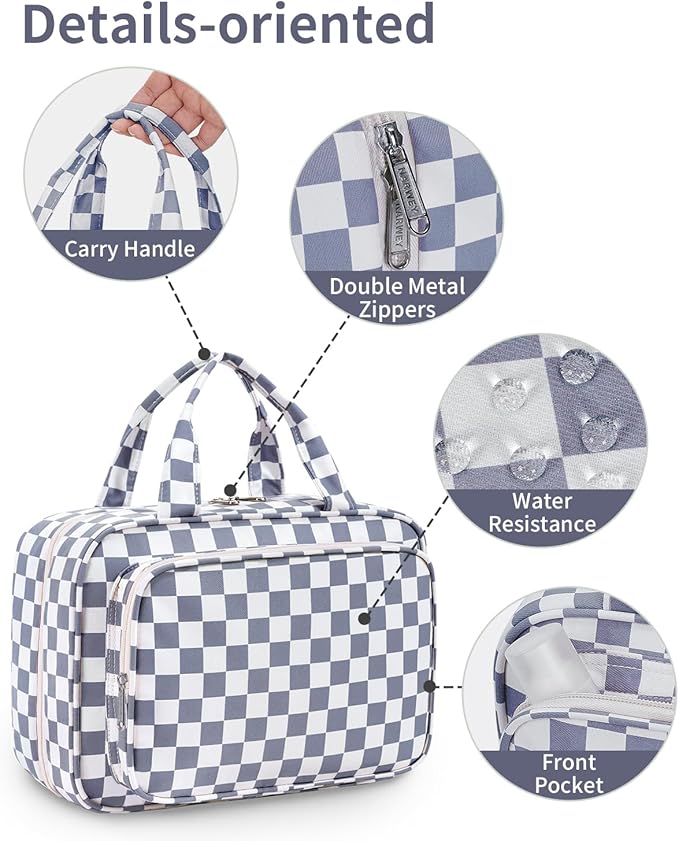 Narwey Hanging Toiletry Bag for Women Travel Makeup Bag Organizer Toiletries Bag for Travel Size Essentials Accessories Cosmetics (Grayish Blue Checkerboard (Medium))