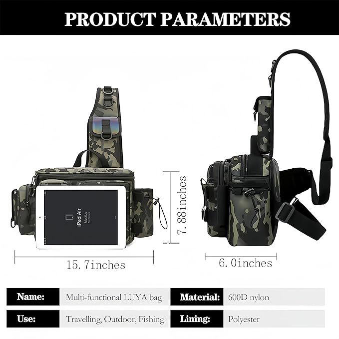 YIANTU-Fishing Tackle Backpack Fishing Fanny Pack Crossbody Bag Fishing Tackle Box Organizer with Rod & Gear Holder, Ideal for Fishing, Camping, Hiking and More!, 16.5*8.3*6.7inches