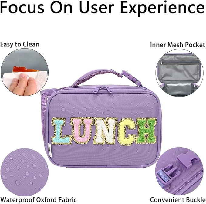 Insulated Lunch Box for School, Thermal Reusable Durable Freezable Lunch Bags for Kids Boys Girls Men Women - Small Soft Cooler Portable Lunch Tote Kit for Work Picnic Travel,Purple Alphabet