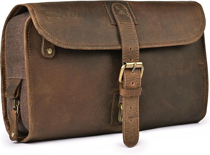 LEATHER VILLAGE Hanging Toiletry Bag for Men & Women, Handcrafted Vintage Cosmetic & Shaving Organizer Travel Dopp Kit- Brown