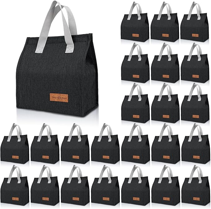 24 Pack Lunch Bags Bulk,Insulated Reusable Lunch Bags with Aluminum for Women Men,Leakproof Tote Large Lunch Box for Office,Work,Beach or Travel,Black